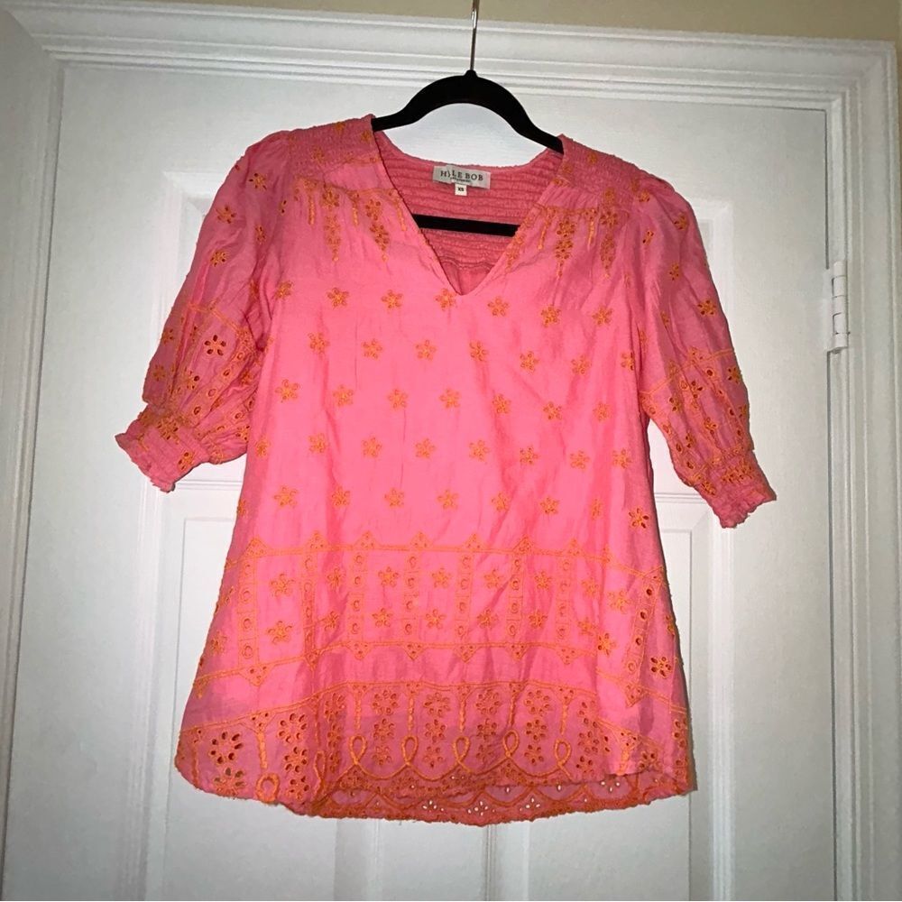 Hale Bob Amaryllis Embroidered Eyelet Short Sleeve Blouse Shirt Top
